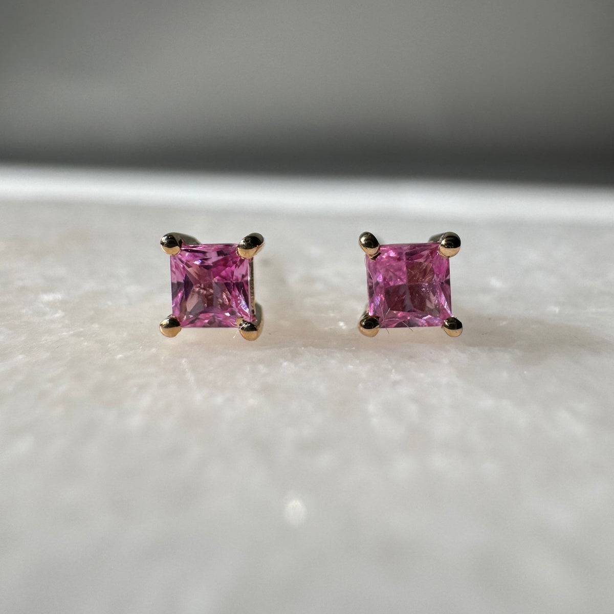 Genuine Pink Sapphire Princess Cut Stud Earrings / 14k Solid Gold
