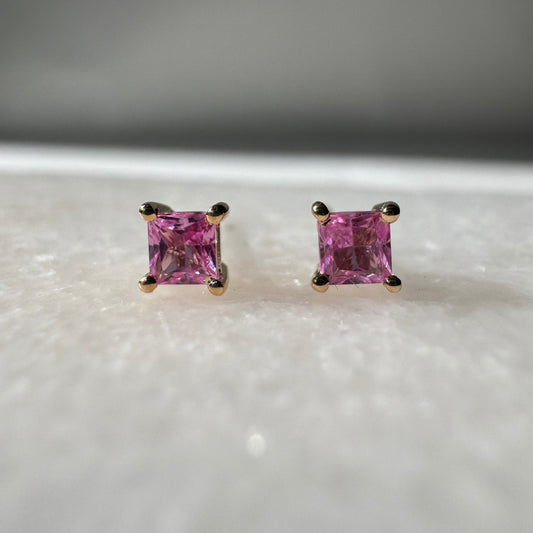 Genuine Pink Sapphire Princess Cut Stud Earrings / 14k Solid Gold