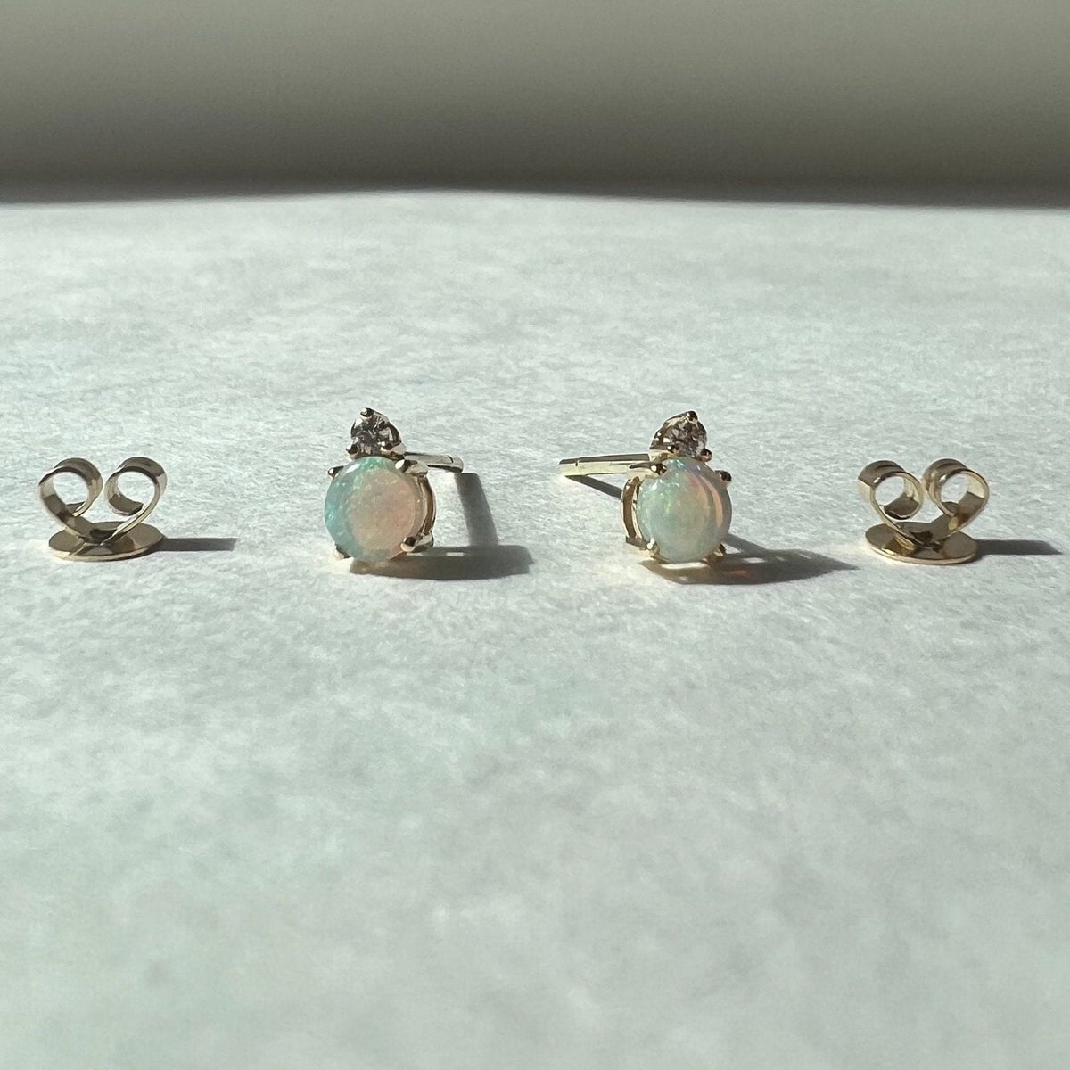 14k Gold Opal Diamond Stud Earrings, 4mm Round Cut, October Birthstone