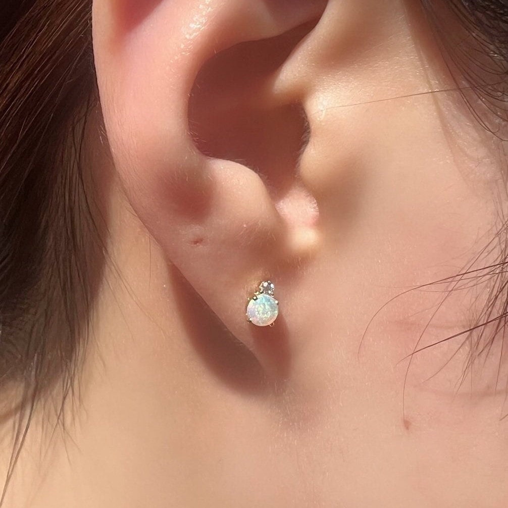 14k Gold Opal Diamond Stud Earrings, 4mm Round Cut, October Birthstone