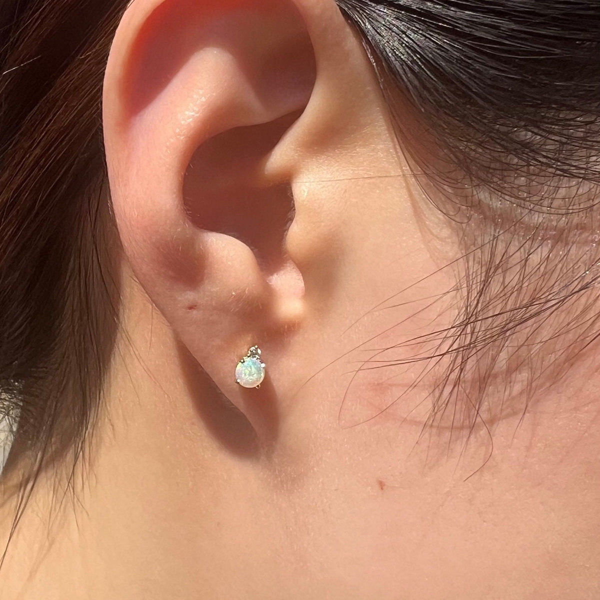 14k Gold Opal Diamond Stud Earrings, 4mm Round Cut, October Birthstone