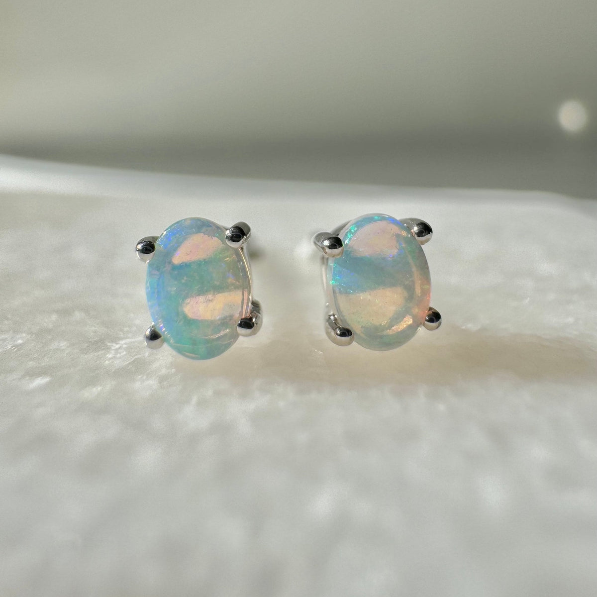 14k Solid Gold Oval Opal Stud Earrings, October Birthstone, Natural Gemstone