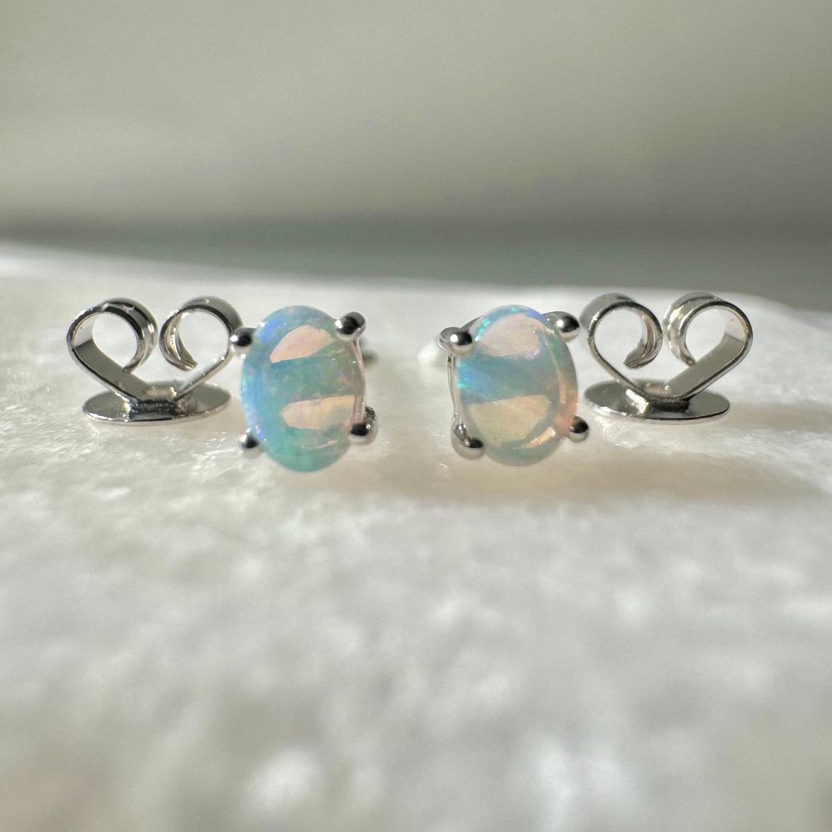 14k Solid Gold Oval Opal Stud Earrings, October Birthstone, Natural Gemstone