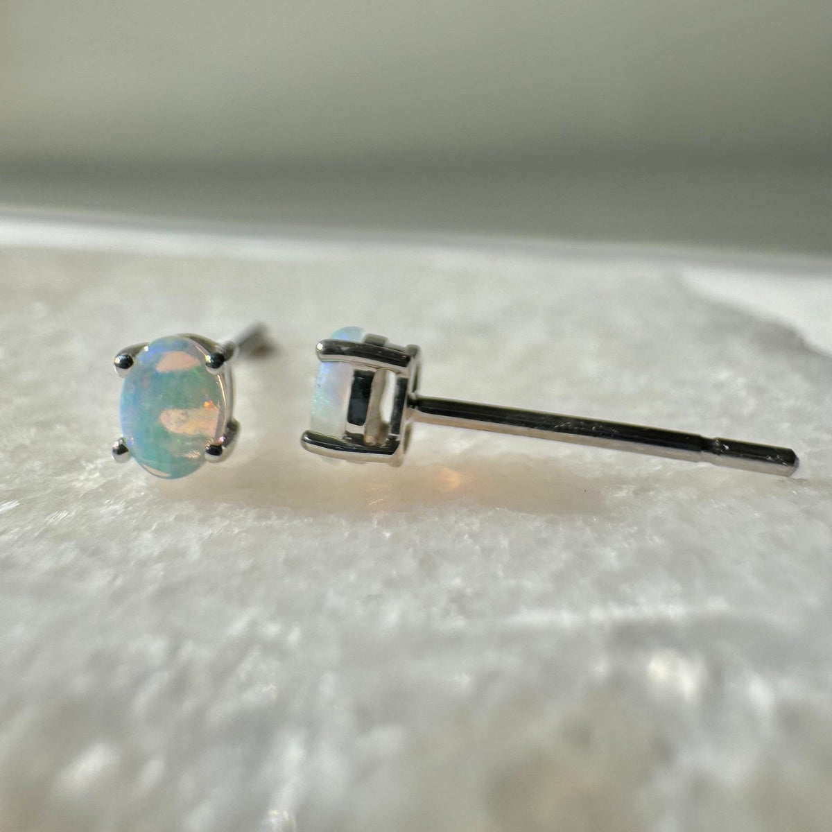 14k Solid Gold Oval Opal Stud Earrings, October Birthstone, Natural Gemstone