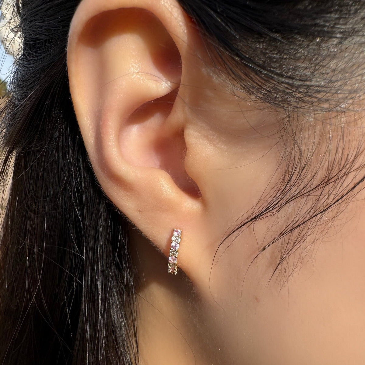 14k Rose Gold Huggie Hoop Earrings, Pink Sapphire & Diamond, September Birthstone