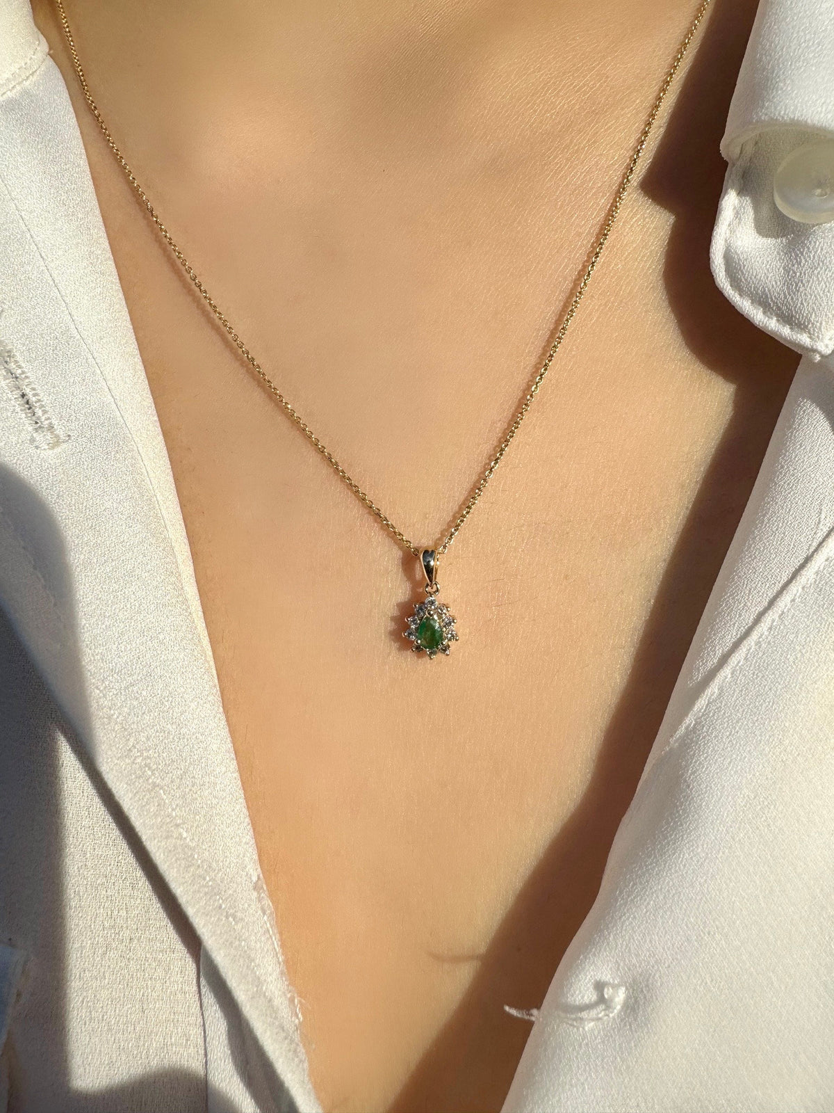 Genuine Emerald and Diamond Pear Cut Flower Pendant | 14k Solid Gold