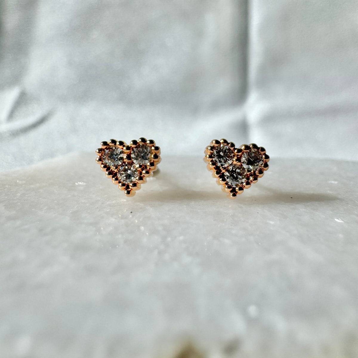 Genuine Diamond Heart Stud Earrings, 18k Yellow or Rose Gold, April Birthstone, Gift for Her