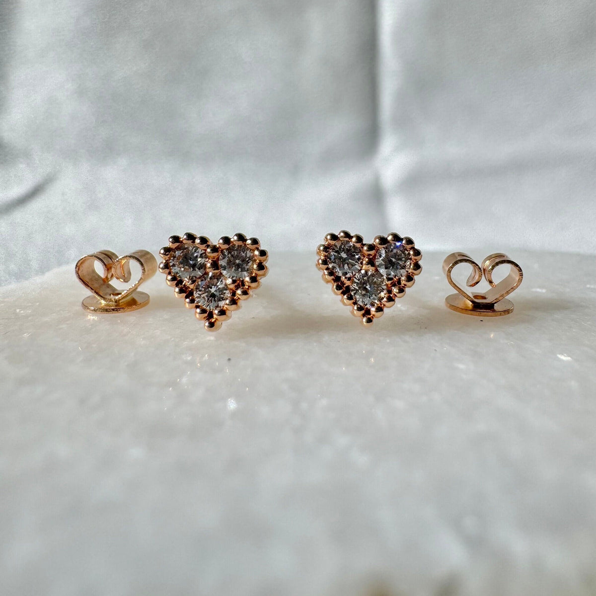 Genuine Diamond Heart Stud Earrings, 18k Yellow or Rose Gold, April Birthstone, Gift for Her