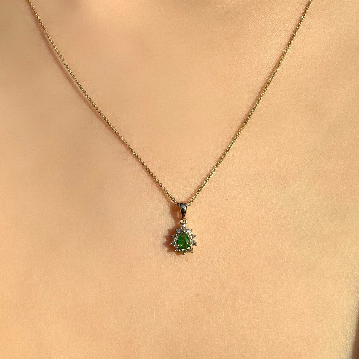 Genuine Emerald and Diamond Pear Cut Flower Pendant | 14k Solid Gold