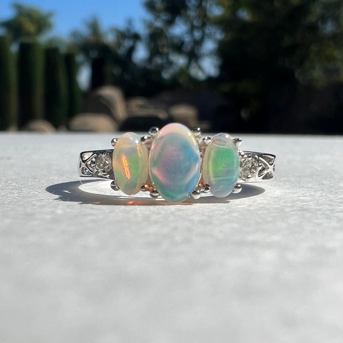 Genuine Trio Opal and Diamond Oval Ring, 14k Solid Gold, October Birthstone, Gift for Her
