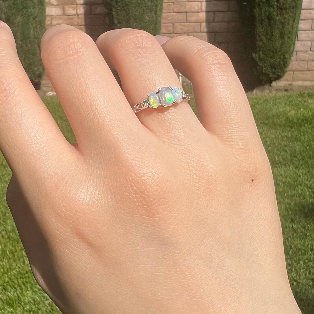 Genuine Trio Opal and Diamond Oval Ring, 14k Solid Gold, October Birthstone, Gift for Her