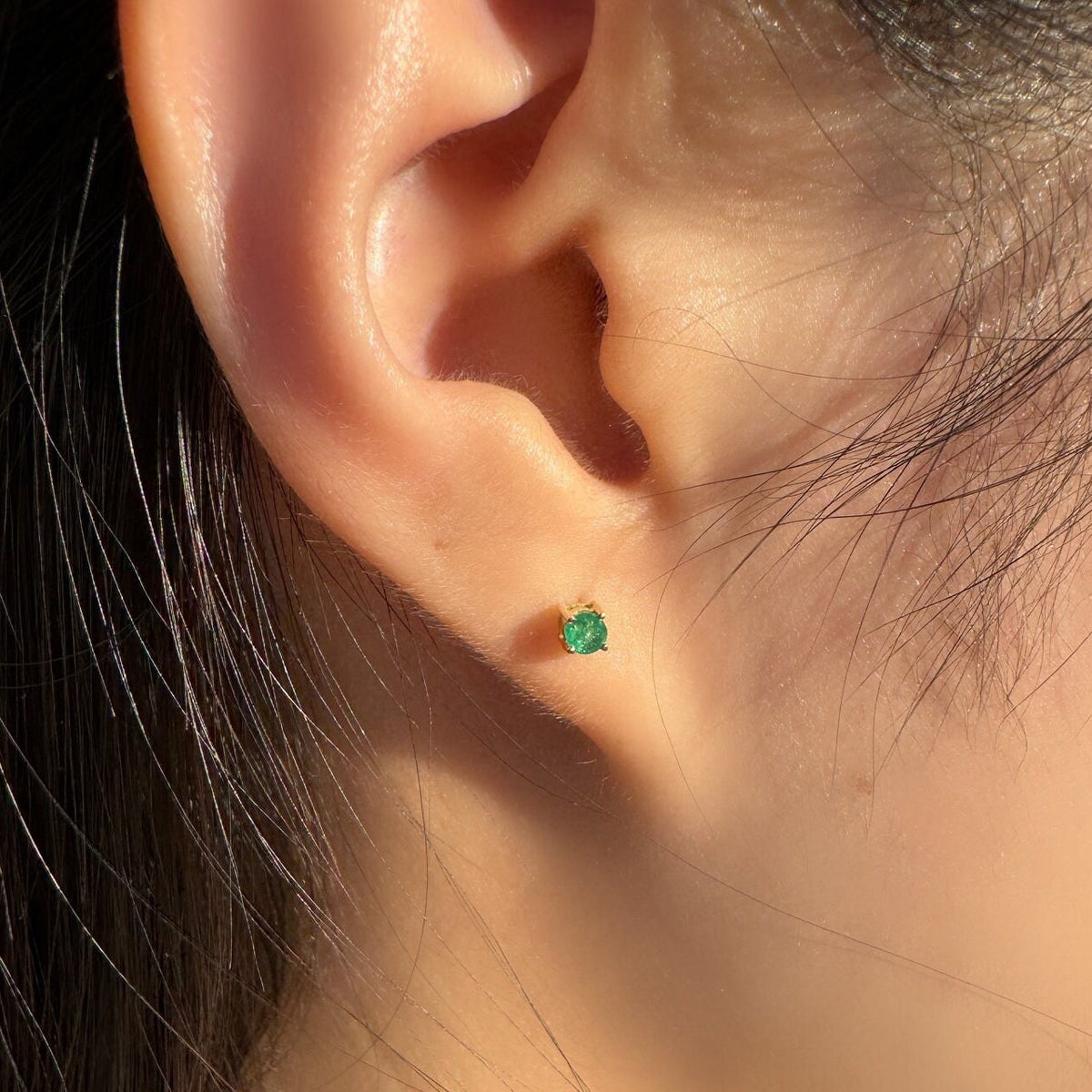 Genuine Emerald 3 mm Round Cut Solitaire Stud Earrings in 14k Solid Gold