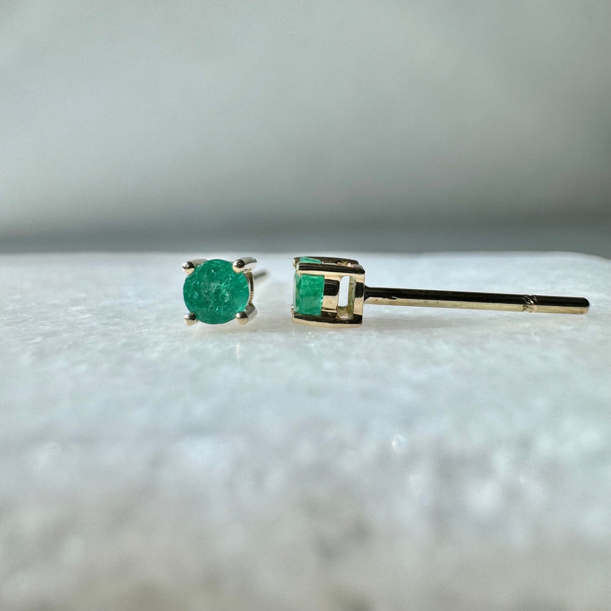 Genuine Emerald 3 mm Round Cut Solitaire Stud Earrings in 14k Solid Gold