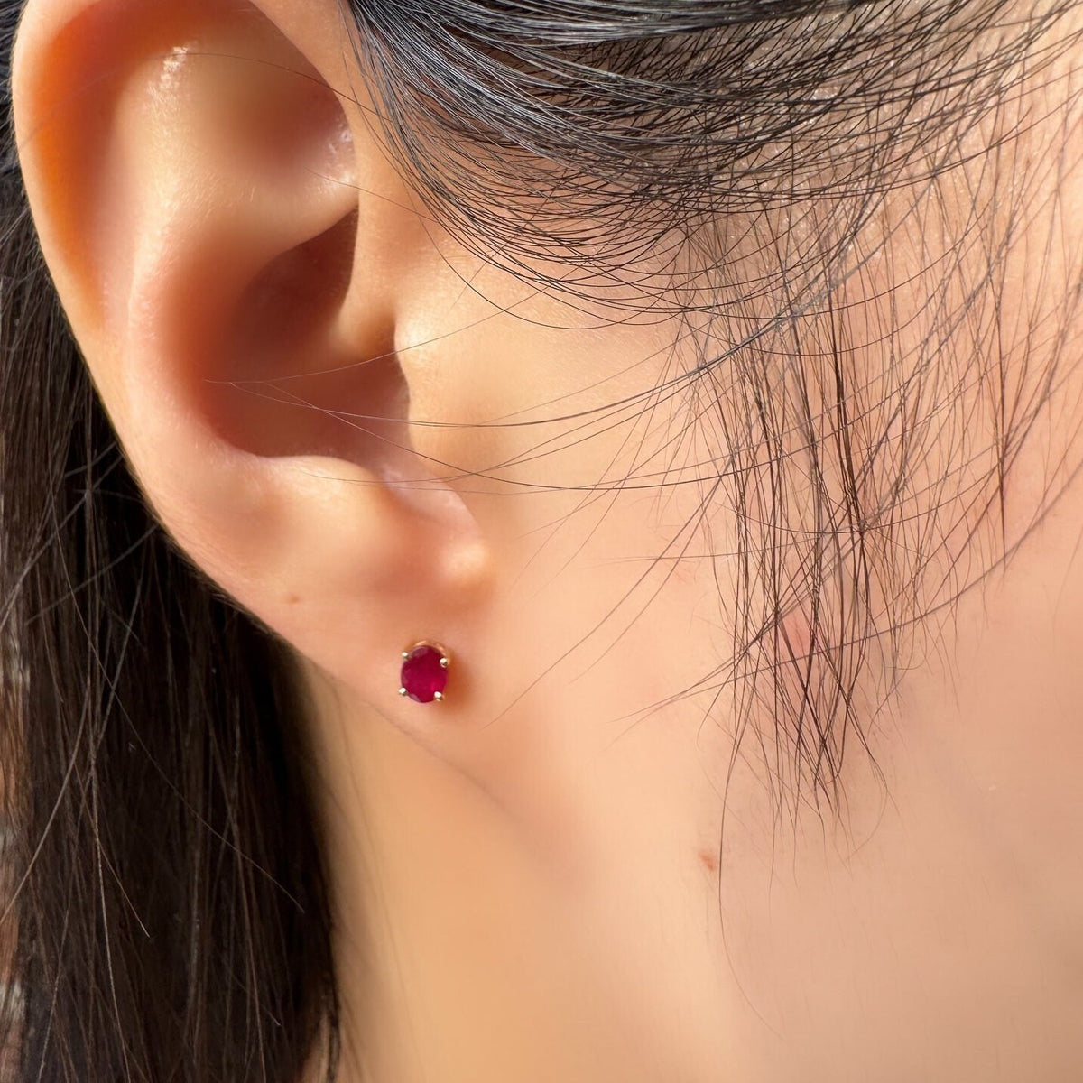 Genuine Ruby Oval Cut Stud Earrings in 14k Solid Gold