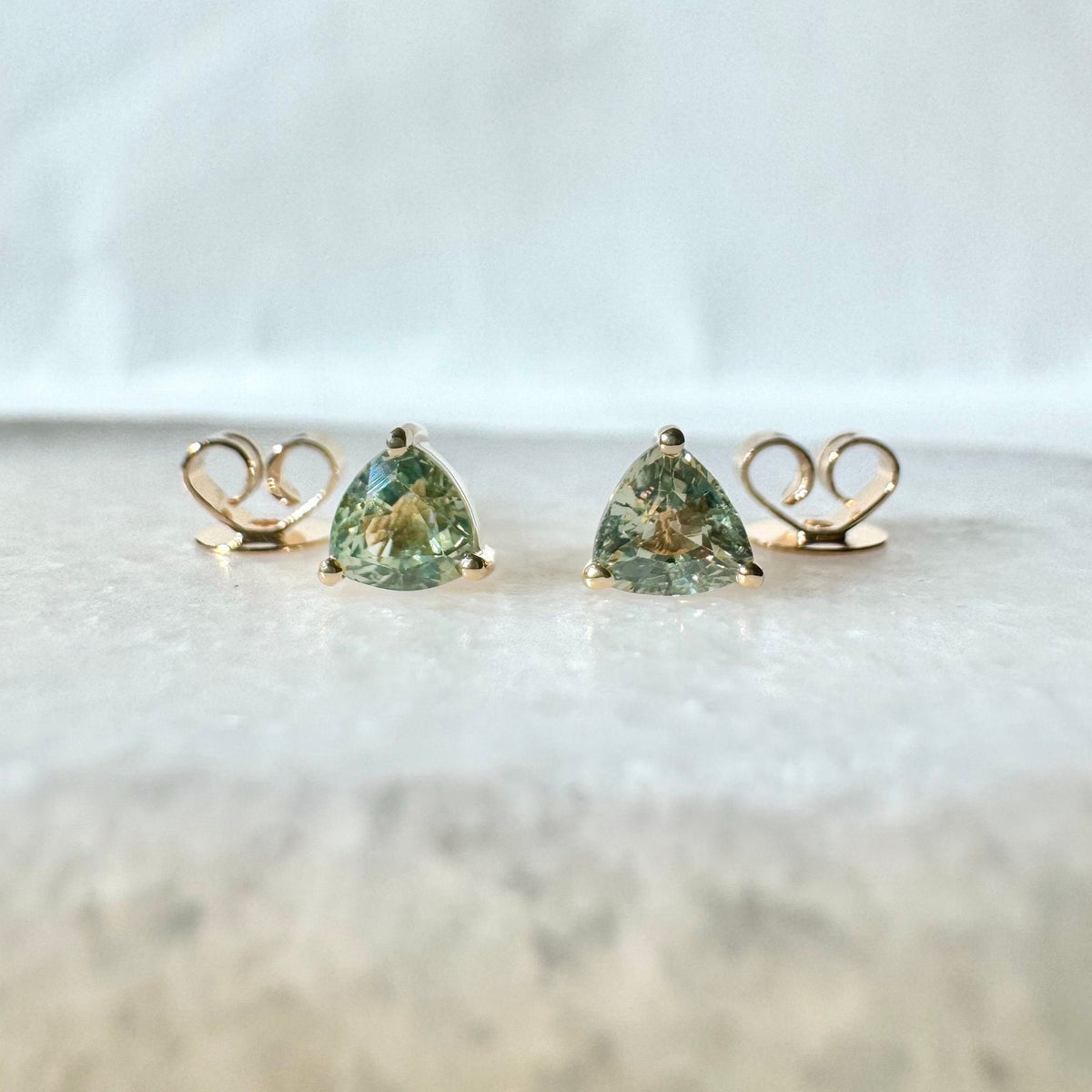 Genuine Green Sapphire Trillion Cut Stud Earrings / 14k Solid Gold