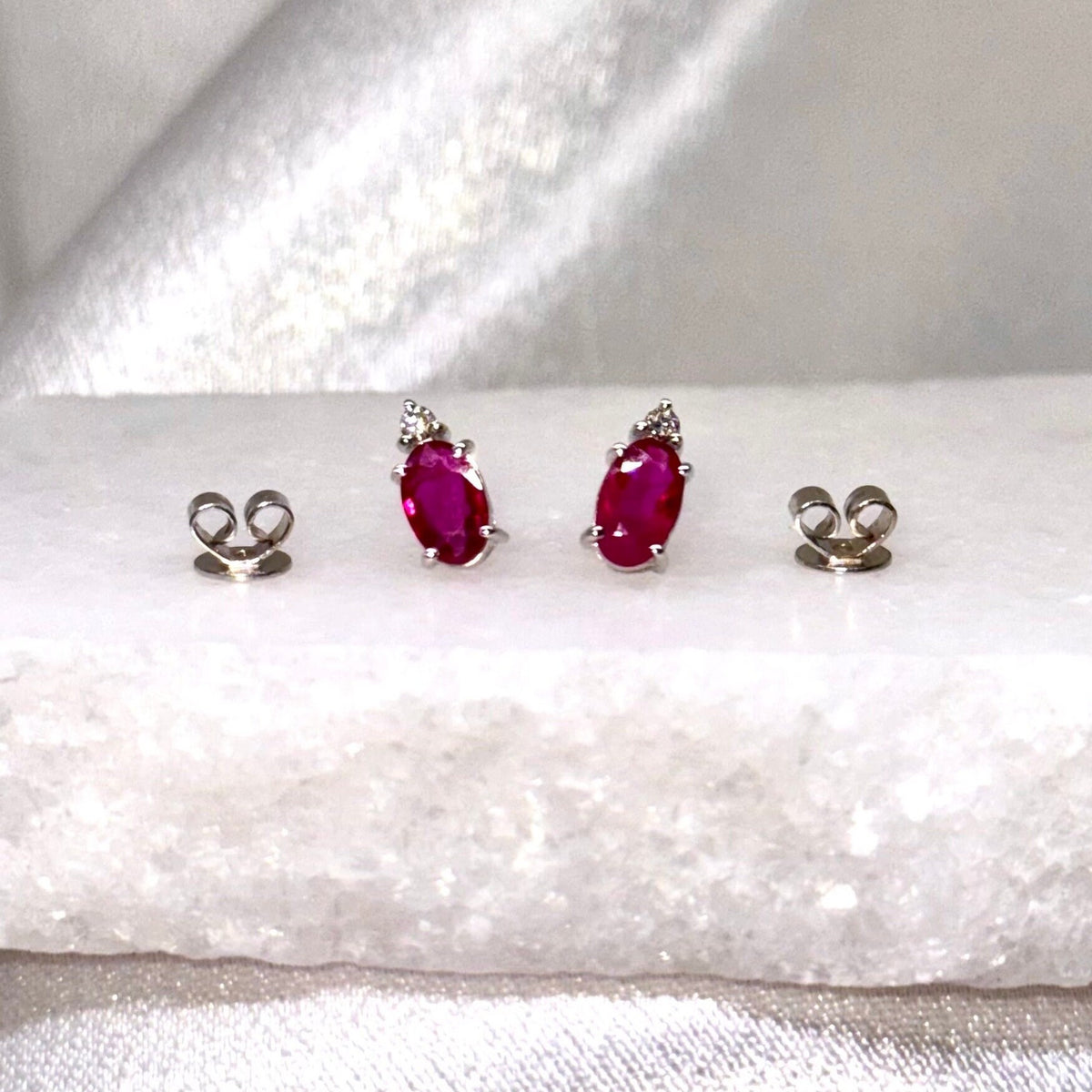 Genuine Ruby and Diamond Oval Studs / 14k Solid White Gold
