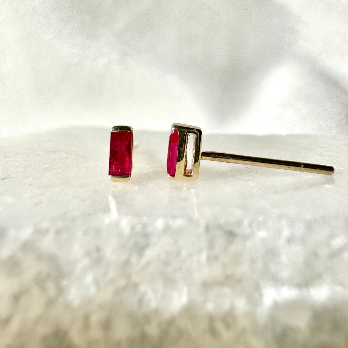 Genuine Ruby Mini Bezel Stud Earrings / 14k Solid Gold