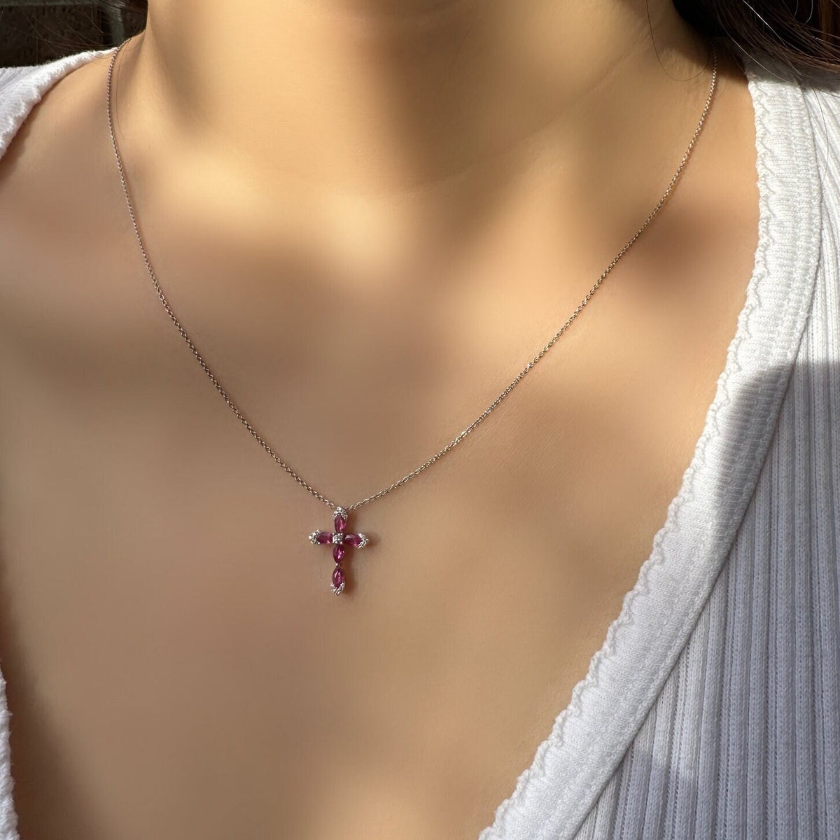 Genuine Ruby and Diamond Marquise Cross Pendant, 14k Solid Gold, July Birthstone, Gift for Her