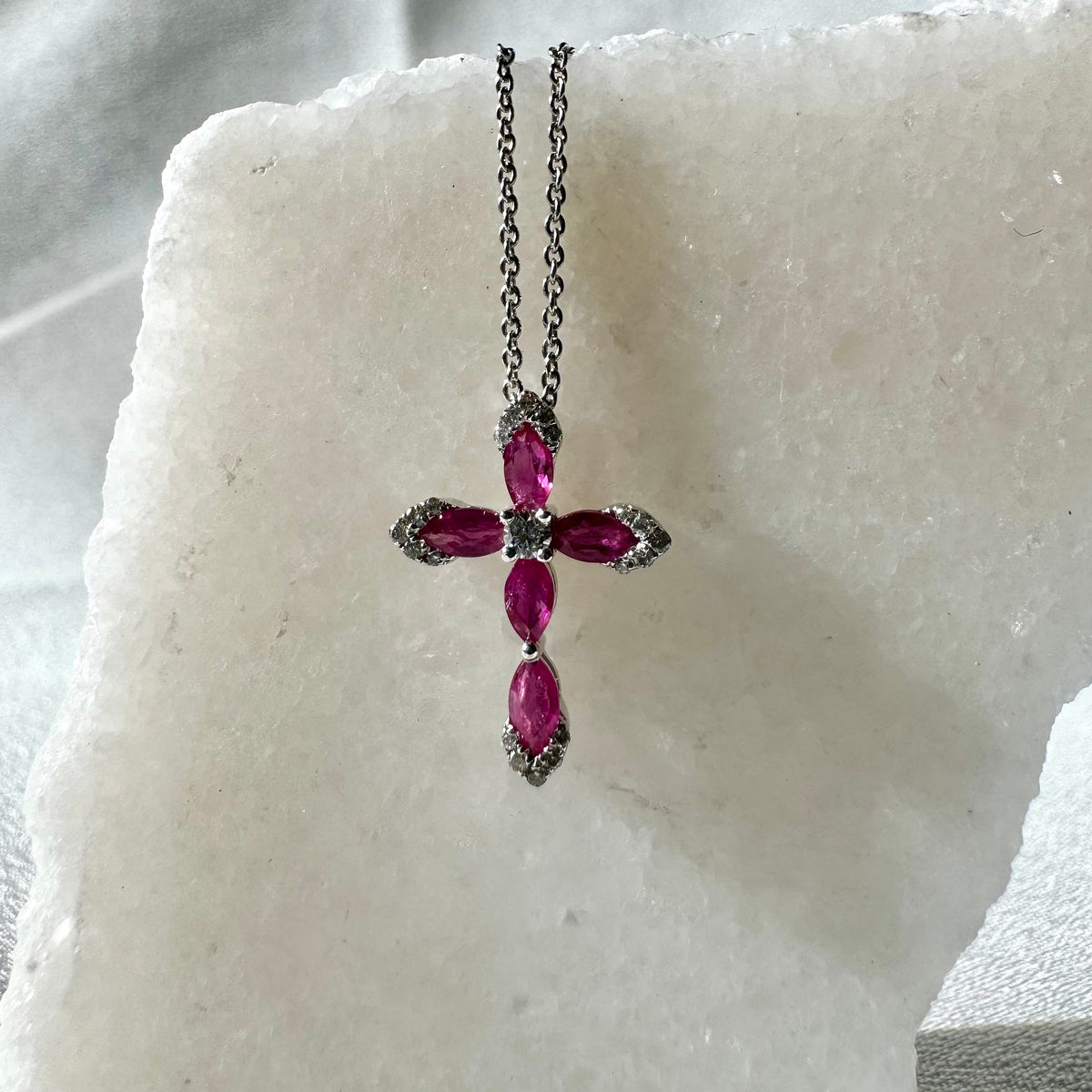 Genuine Ruby and Diamond Marquise Cross Pendant, 14k Solid Gold, July Birthstone, Gift for Her