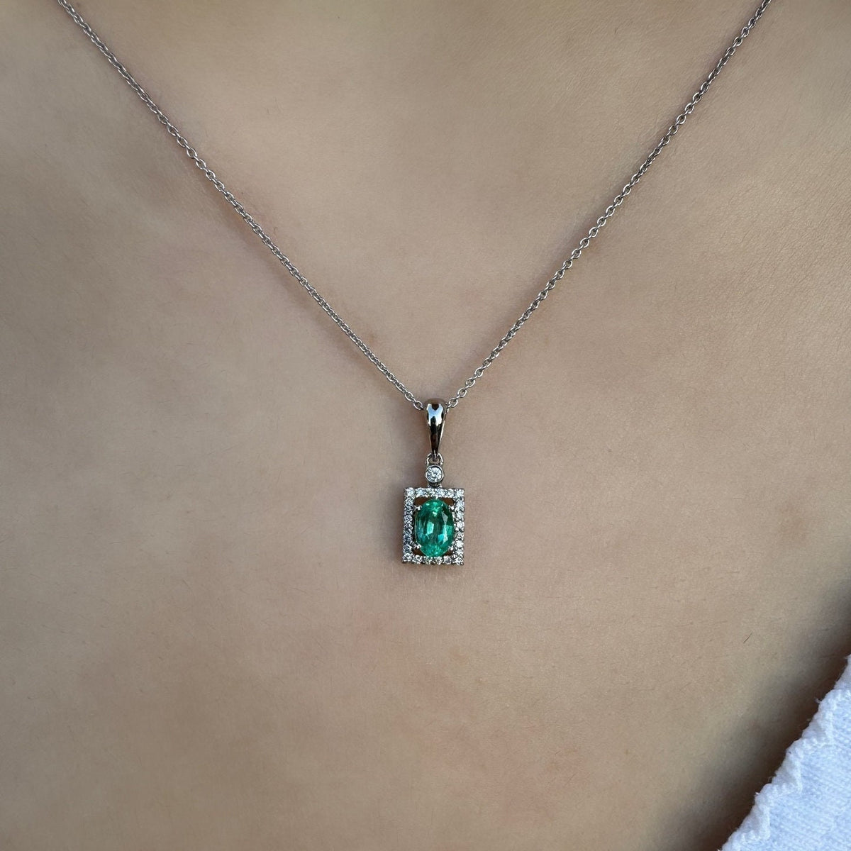 Genuine Oval Cut Emerald and Diamond Prism Pendant / 14k Solid Gold