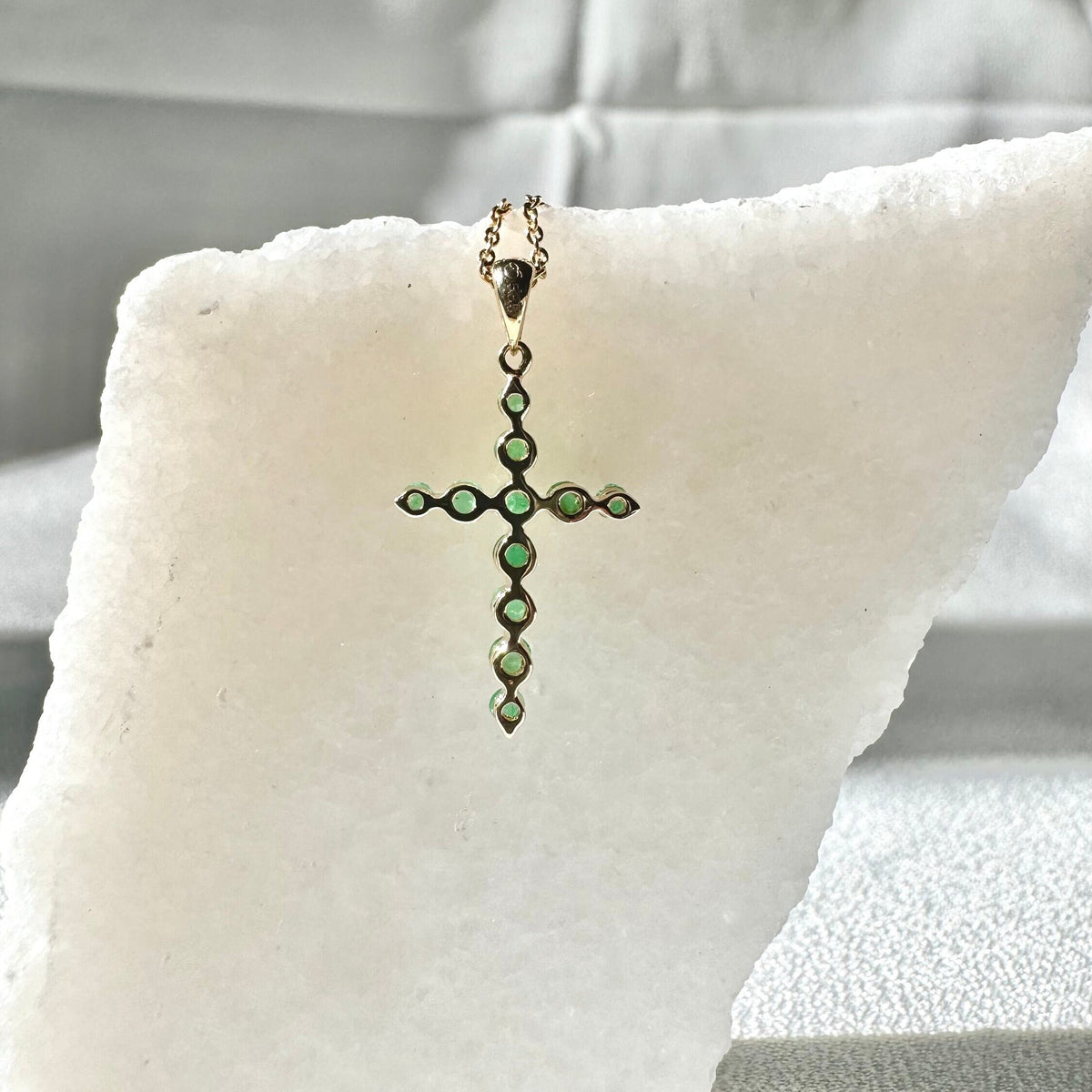 Genuine Emerald Round Cut Cross Pendant in 14k Solid Gold