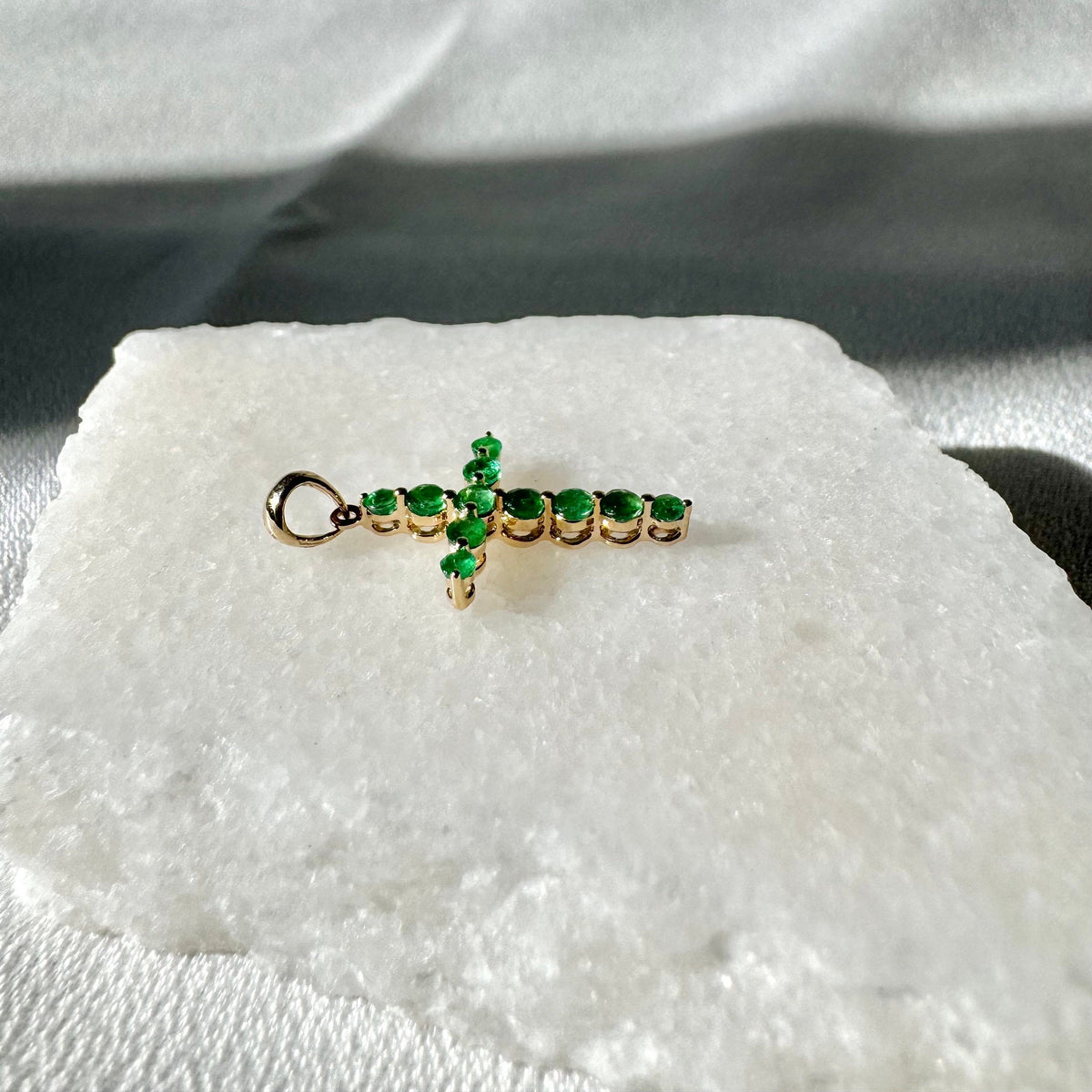 Genuine Emerald Round Cut Cross Pendant in 14k Solid Gold