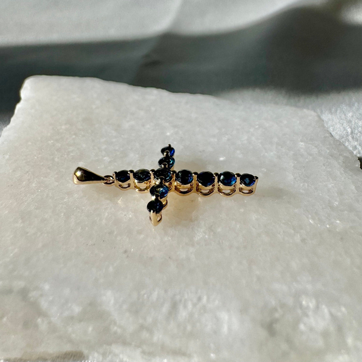 Genuine Sapphire Round Cut Cross Pendant | 14k Solid Gold