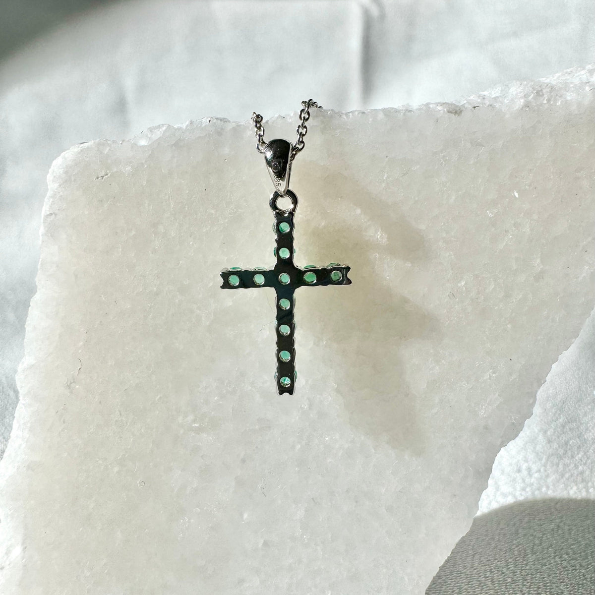 Genuine Emerald Round Cut Cross Pendant, Large, 14k Solid Gold, May Birthstone Gift