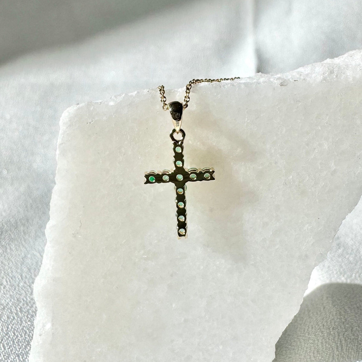 Genuine Emerald Round Cut Cross Pendant, Large, 14k Solid Gold, May Birthstone Gift