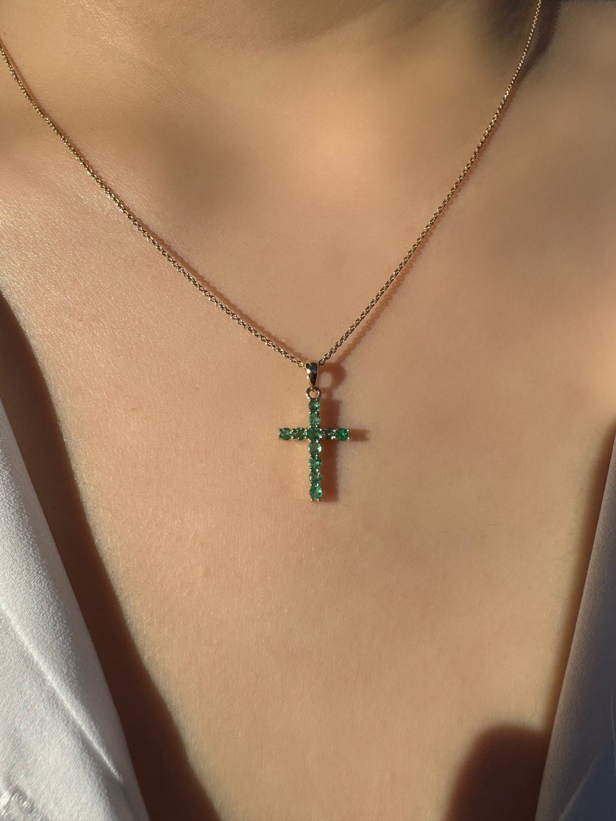 Genuine Emerald Round Cut Cross Pendant, Large, 14k Solid Gold, May Birthstone Gift