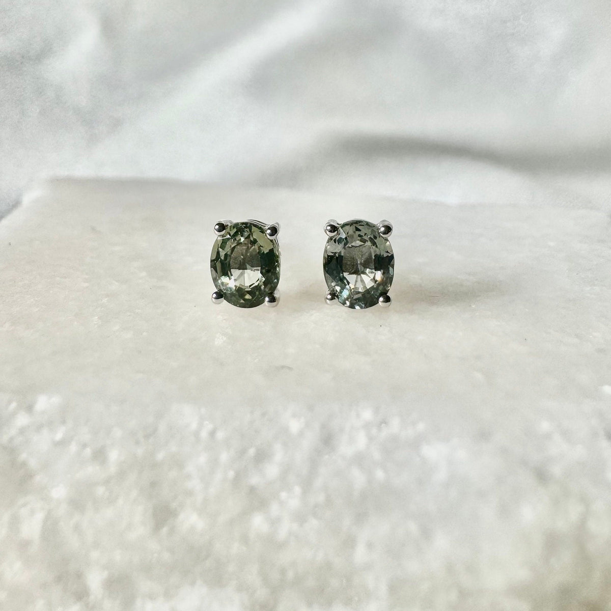 Genuine Green Sapphire Oval Stud Earrings, 14k Solid Gold, September Birthstone