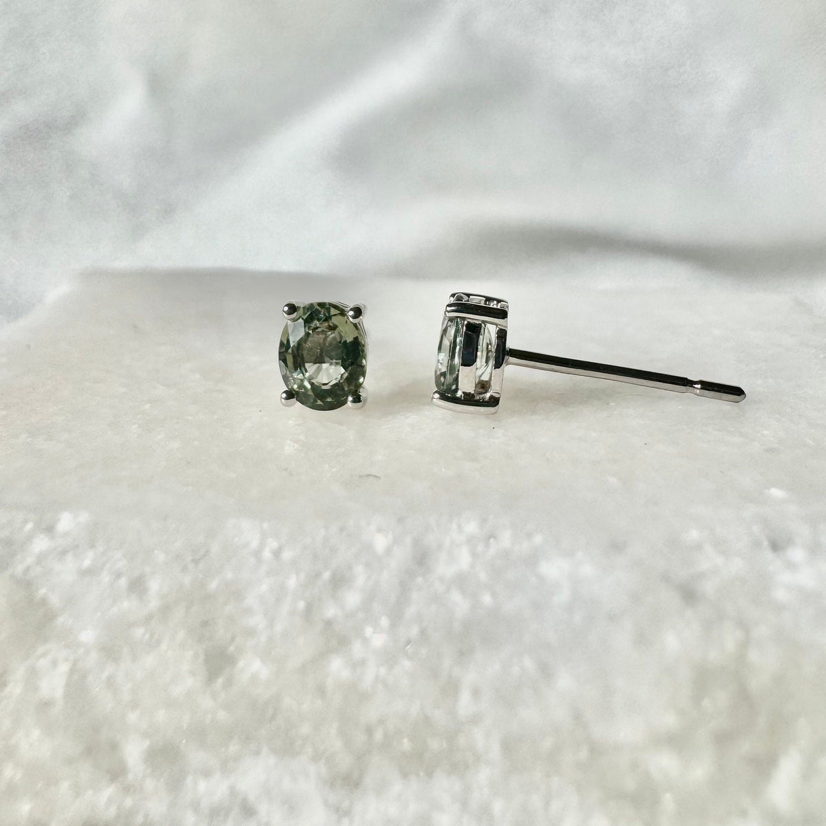 Genuine Green Sapphire Oval Stud Earrings, 14k Solid Gold, September Birthstone