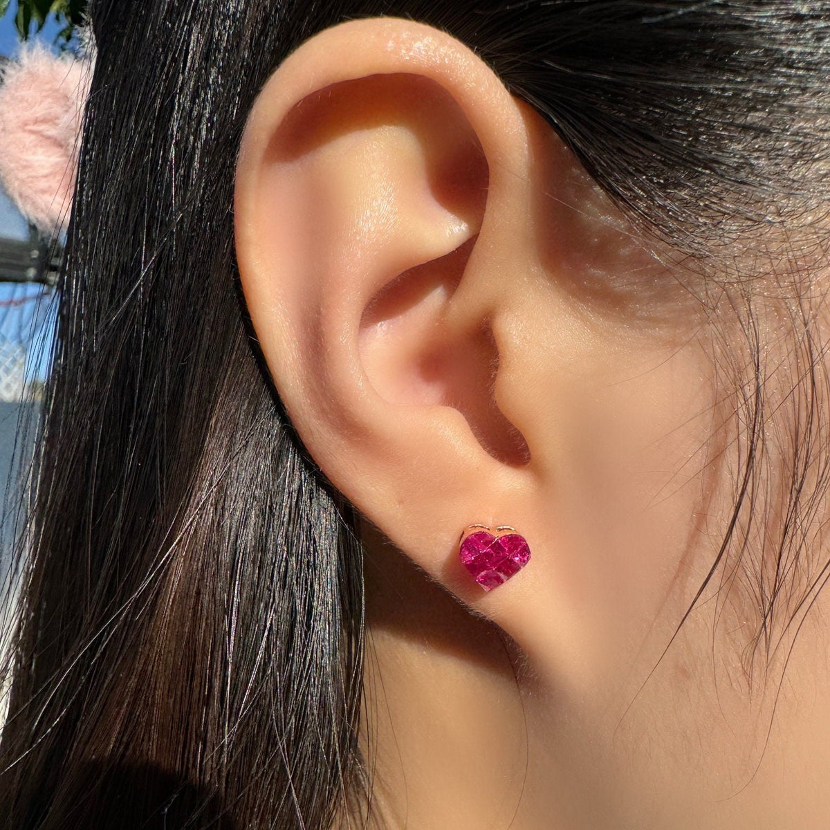 Genuine Ruby Pavé Heart Stud Earrings, 14k White or Rose Gold, July Birthstone, Gift for Her