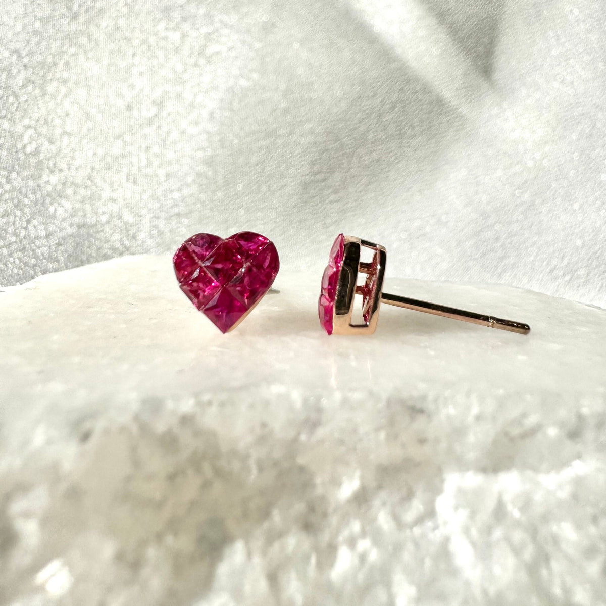 Genuine Ruby Pavé Heart Stud Earrings, 14k White or Rose Gold, July Birthstone, Gift for Her