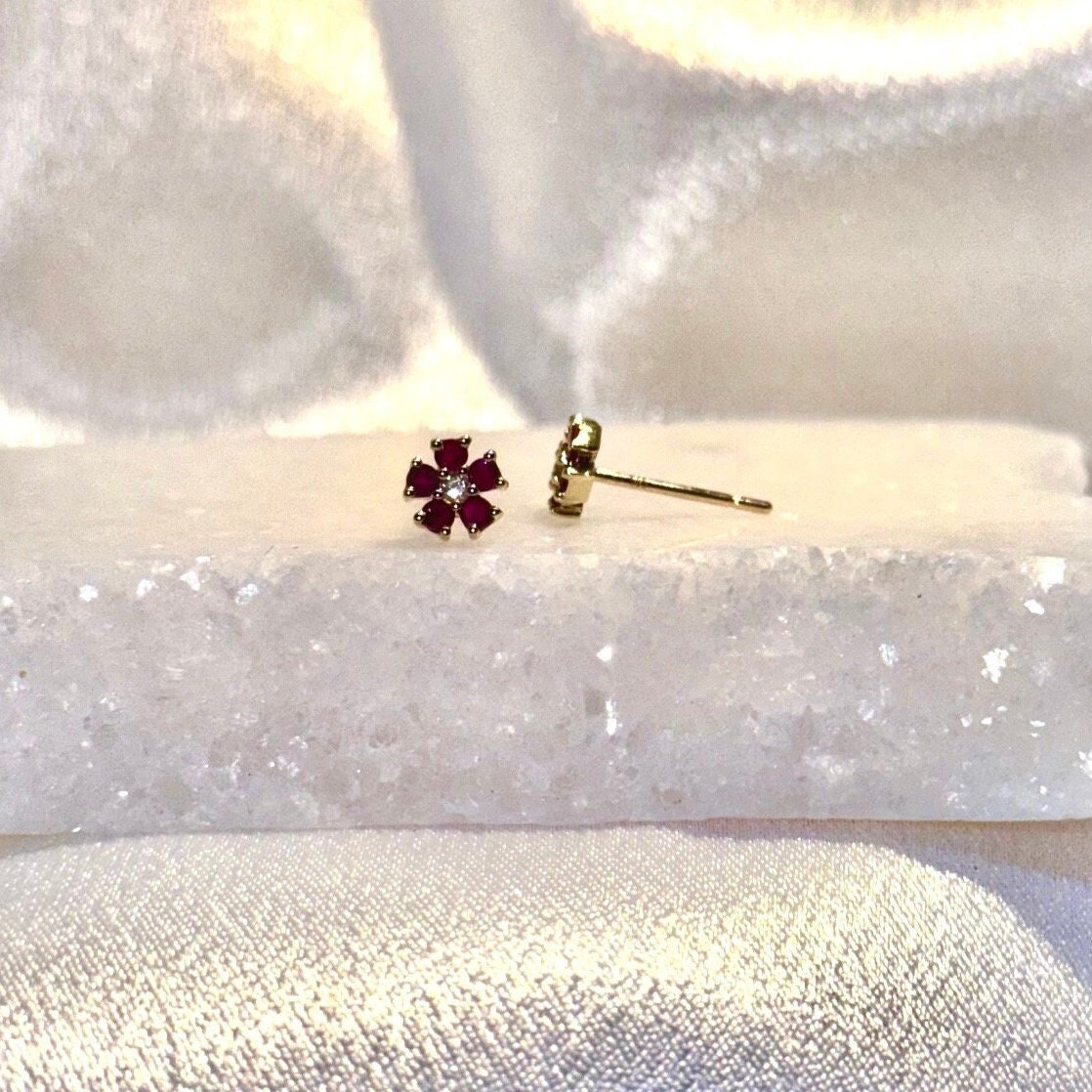 Genuine Ruby and Diamond Flower Stud Earrings / 14k Solid Gold