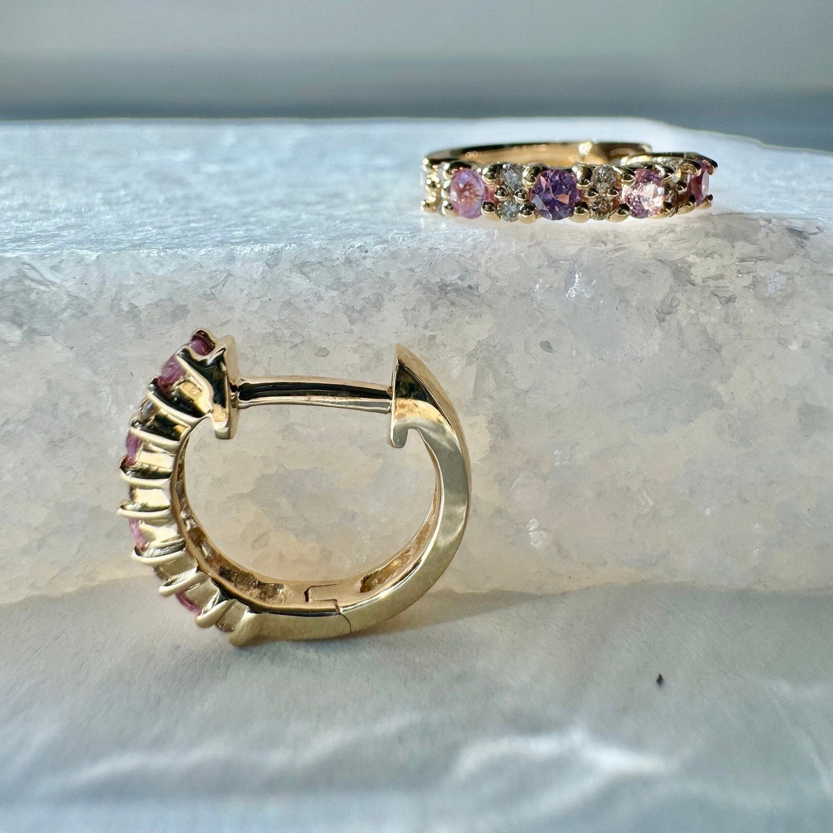 14k Rose Gold Huggie Hoop Earrings, Pink Sapphire & Diamond, September Birthstone
