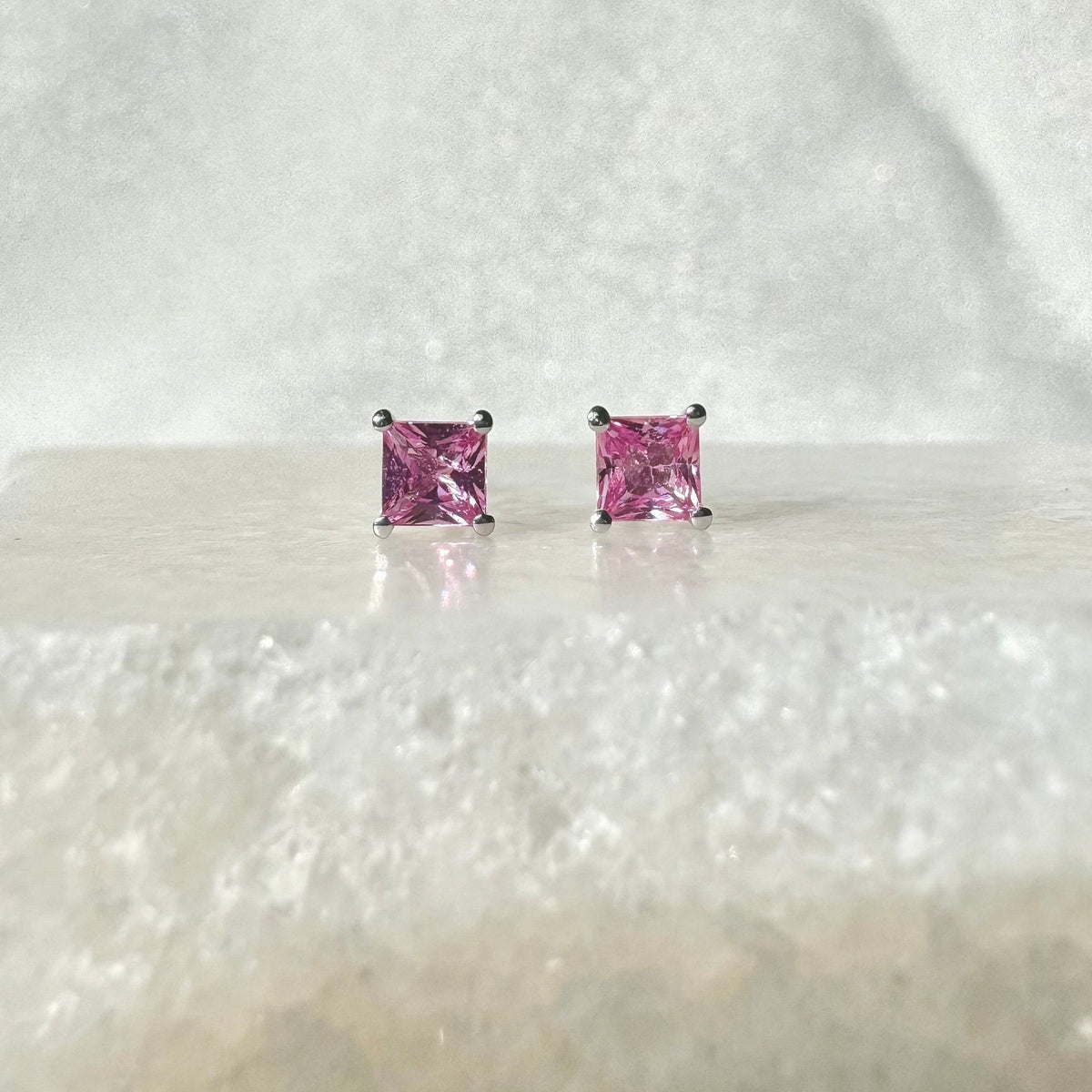 Genuine Pink Sapphire Princess Cut Stud Earrings / 18k Solid Gold / 14k Solid Gold