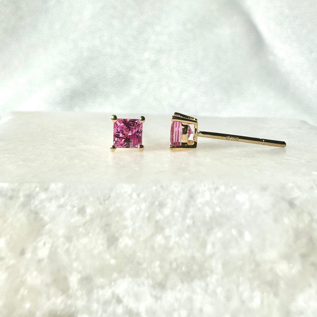 Genuine Pink Sapphire Princess Cut Stud Earrings / 18k Solid Gold / 14k Solid Gold