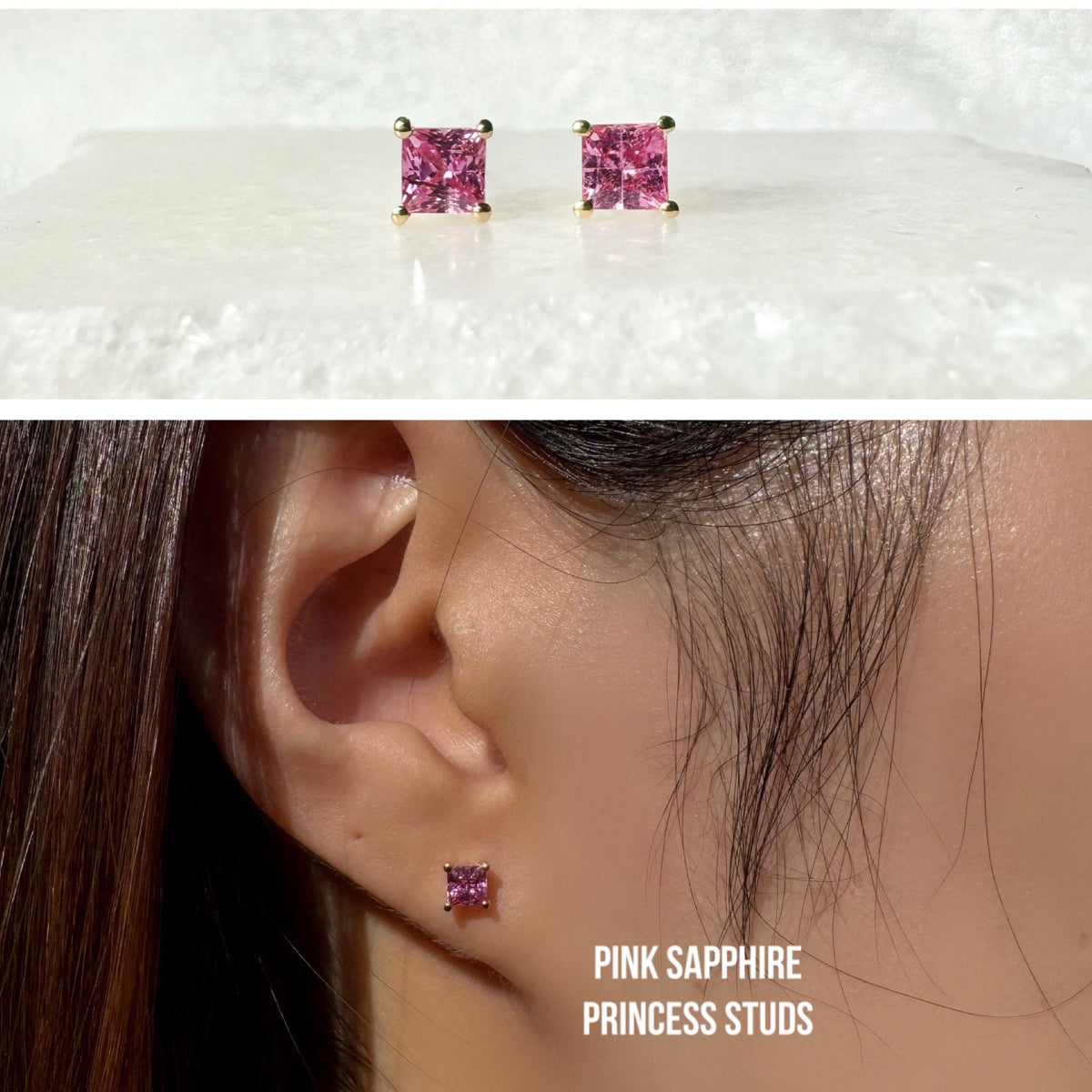 Genuine Pink Sapphire Princess Cut Stud Earrings / 18k Solid Gold / 14k Solid Gold
