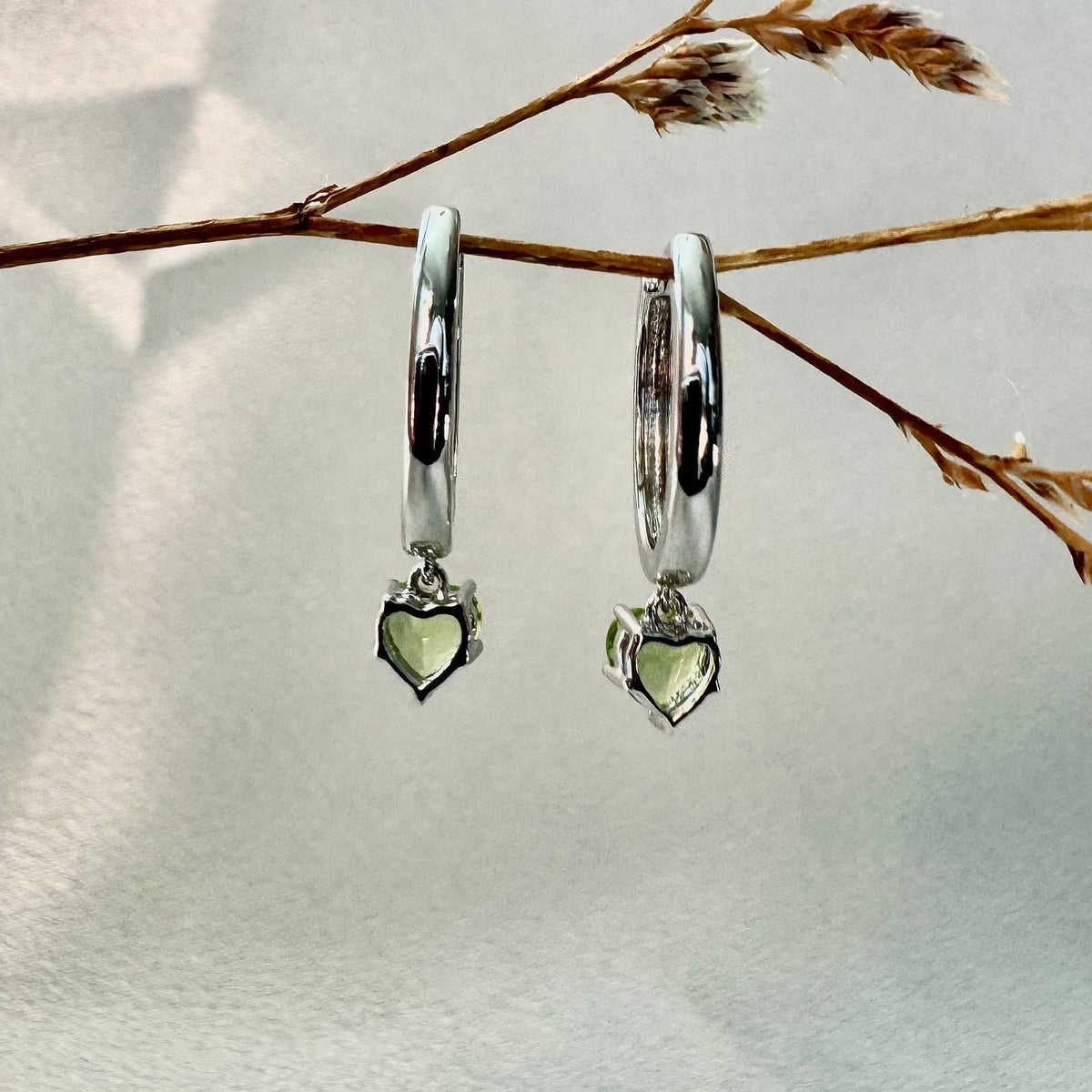 Genuine Peridot Heart Dangle Hoop Earrings, 14k Solid Gold, August Birthstone, Gift for Her