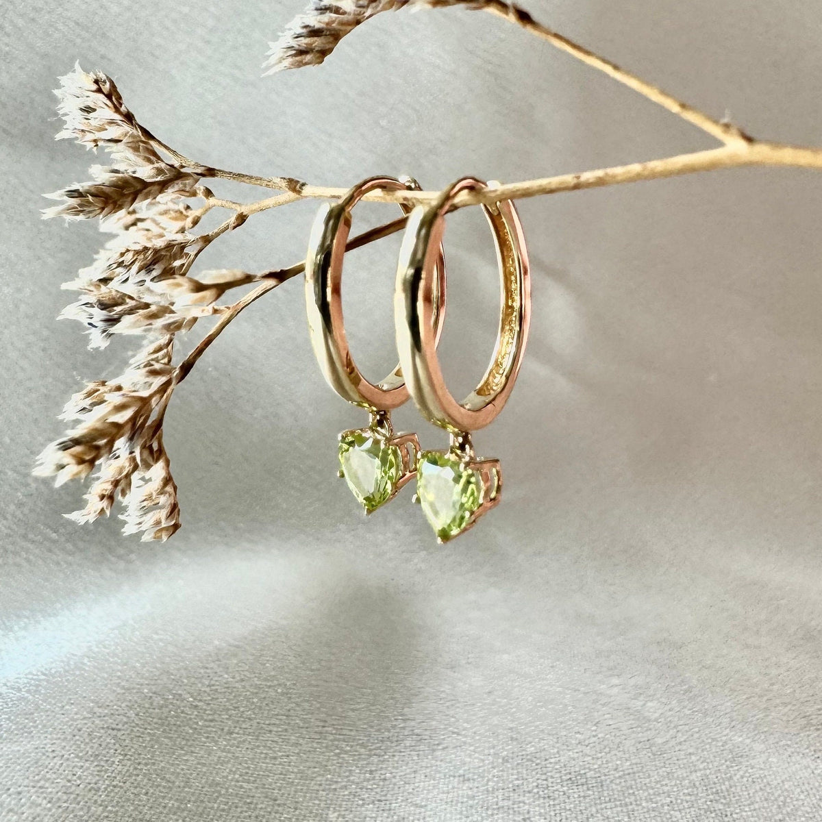 Genuine Peridot Heart Dangle Hoop Earrings, 14k Solid Gold, August Birthstone, Gift for Her