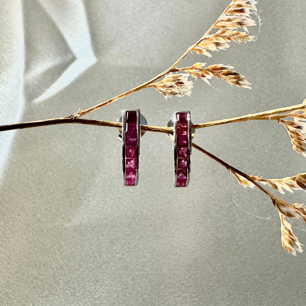 Genuine Ruby Pavé Half Hoop Earrings in 14k Solid Gold