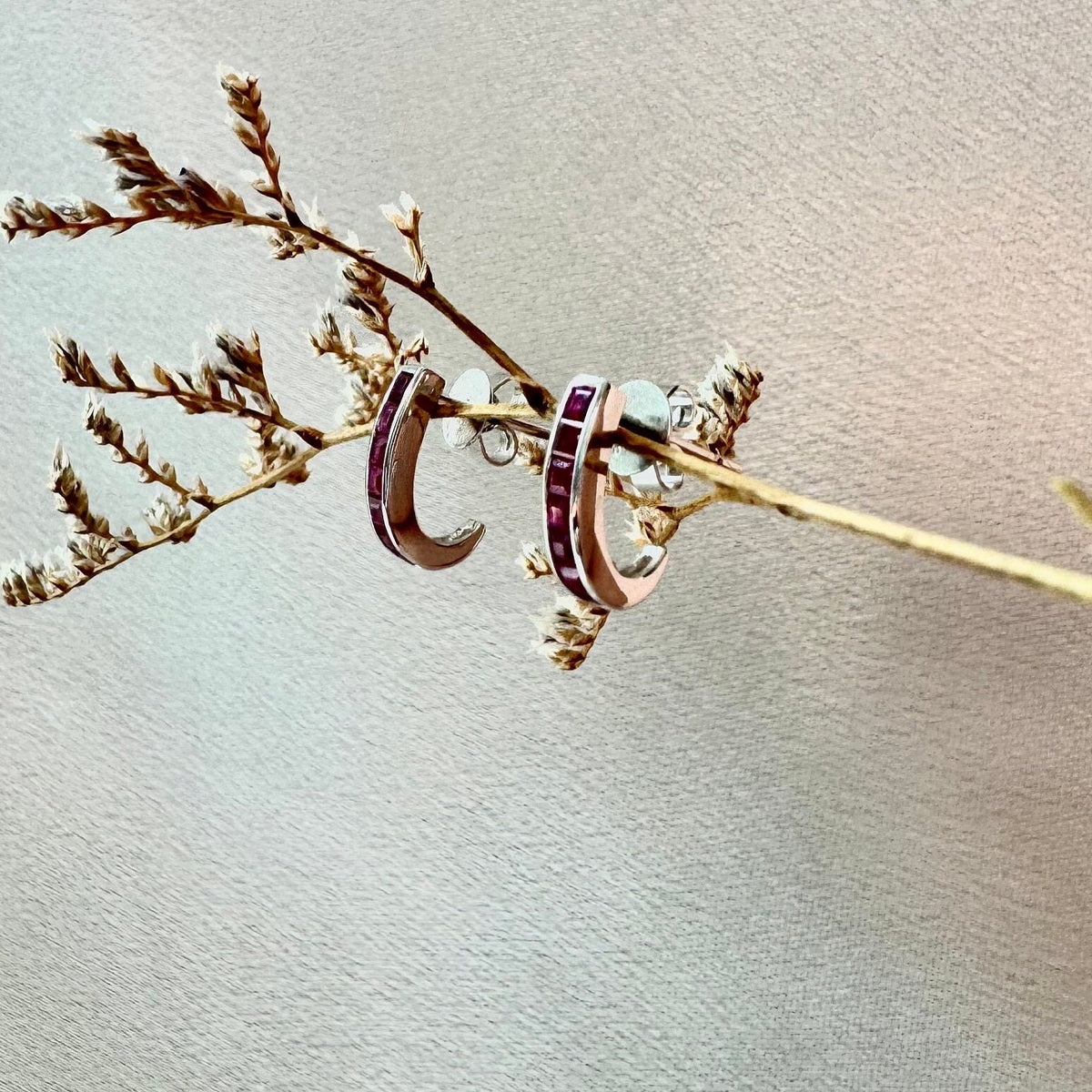 Genuine Ruby Pavé Half Hoop Earrings in 14k Solid Gold