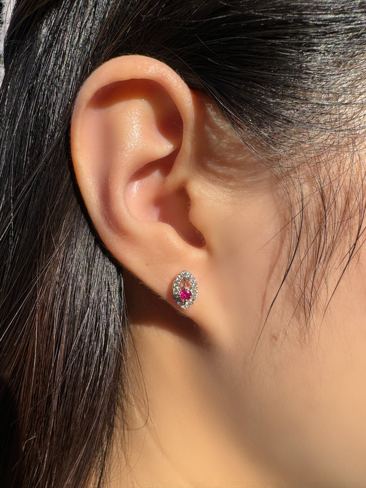 14k White Gold Ruby Diamond Marquise Halo Stud Earrings, July Birthstone