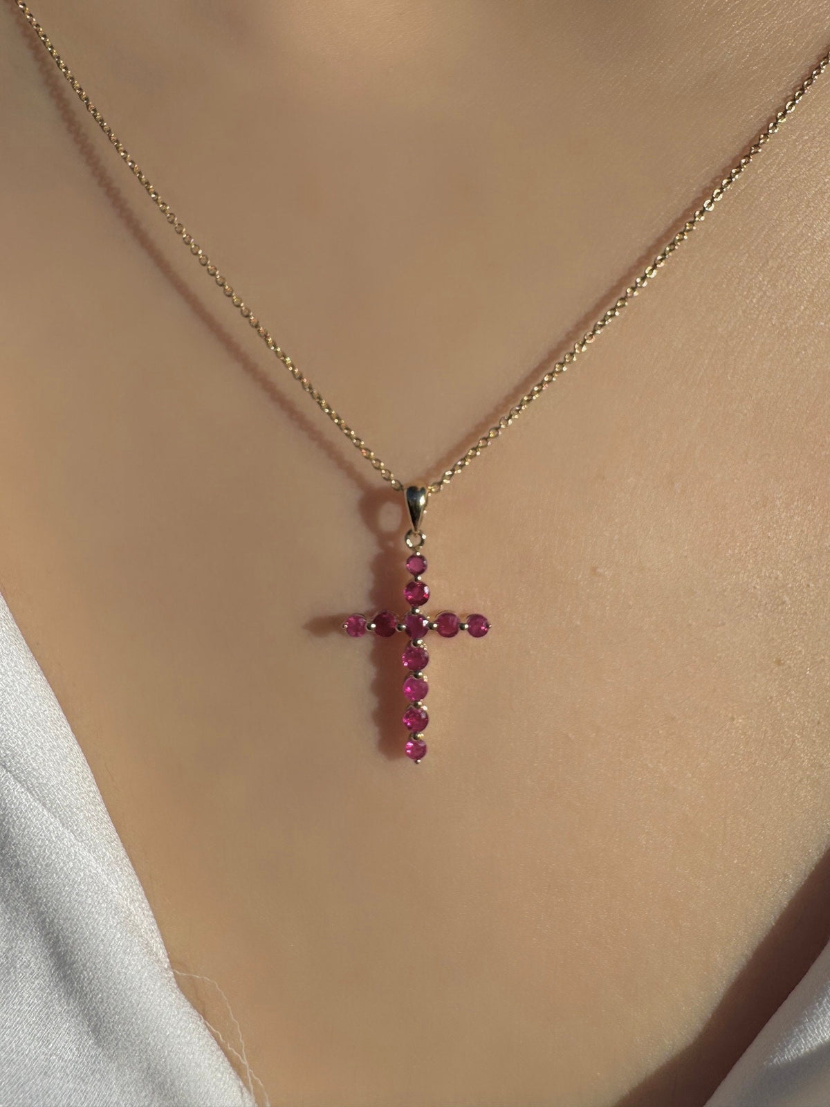 Genuine Ruby Round Cut Cross Pendant, 14k Solid Gold, July Birthstone, Gift for Her