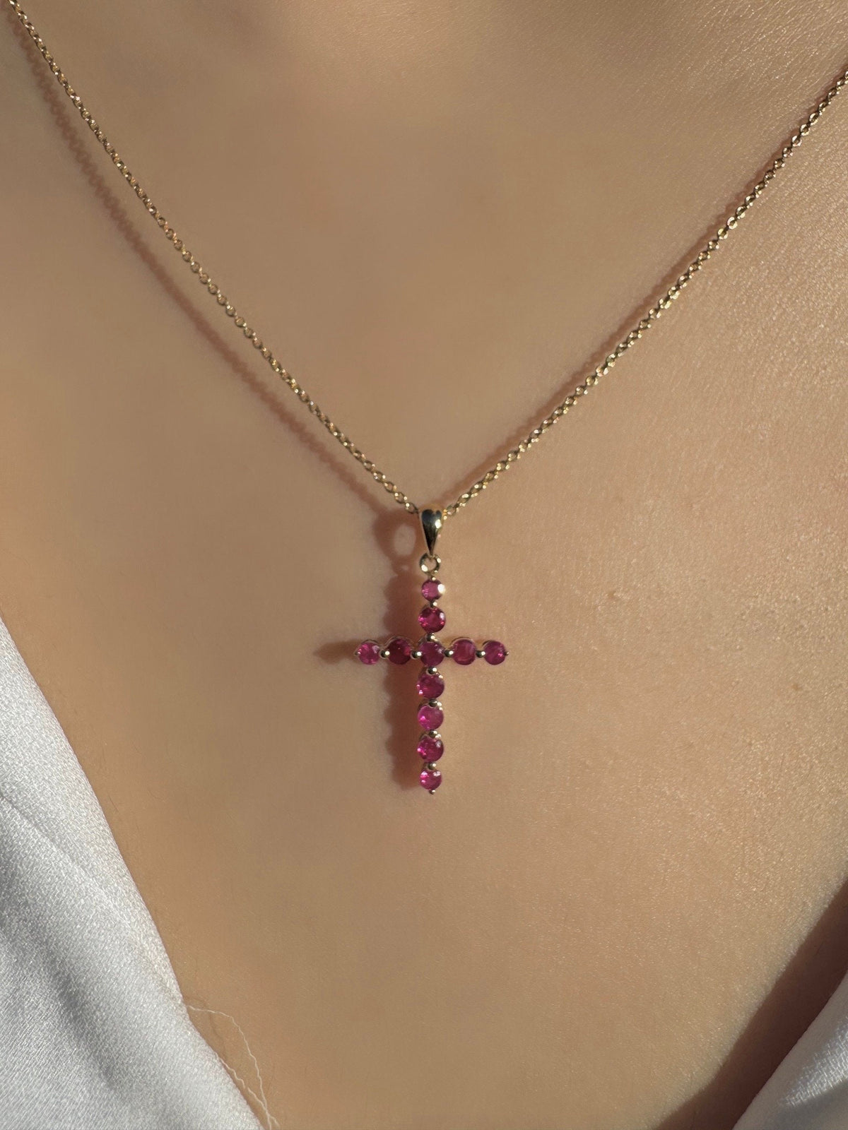 Genuine Ruby Round Cut Cross Pendant, 14k Solid Gold, July Birthstone, Gift for Her