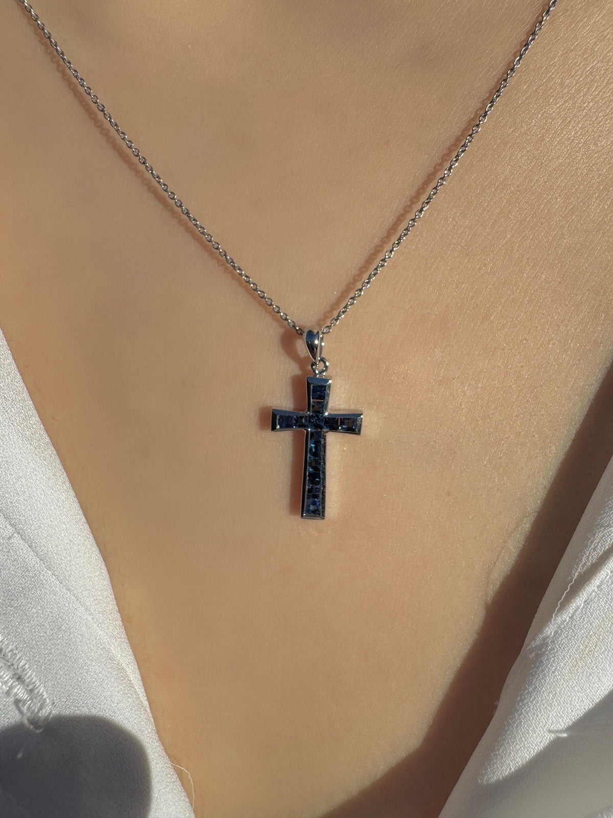 Genuine Sapphire Tapered Cross Pendant, 18k Solid Gold, September Birthstone, Gift for Her