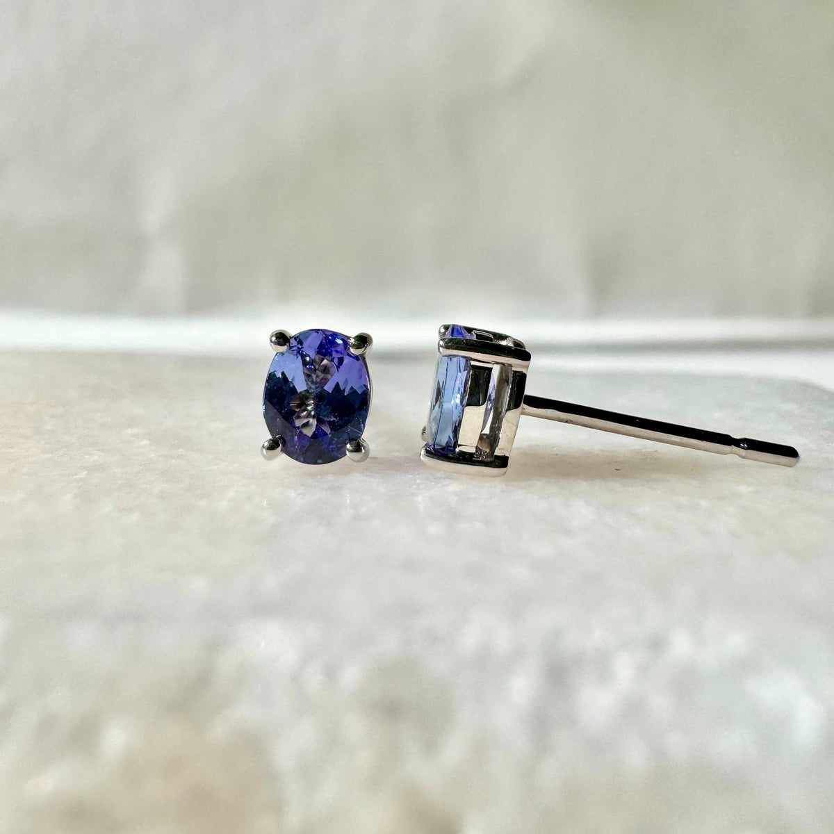 Genuine Tanzanite Stud Earrings, Oval Cut Solitaire, 14k Solid Gold, December Birthstone