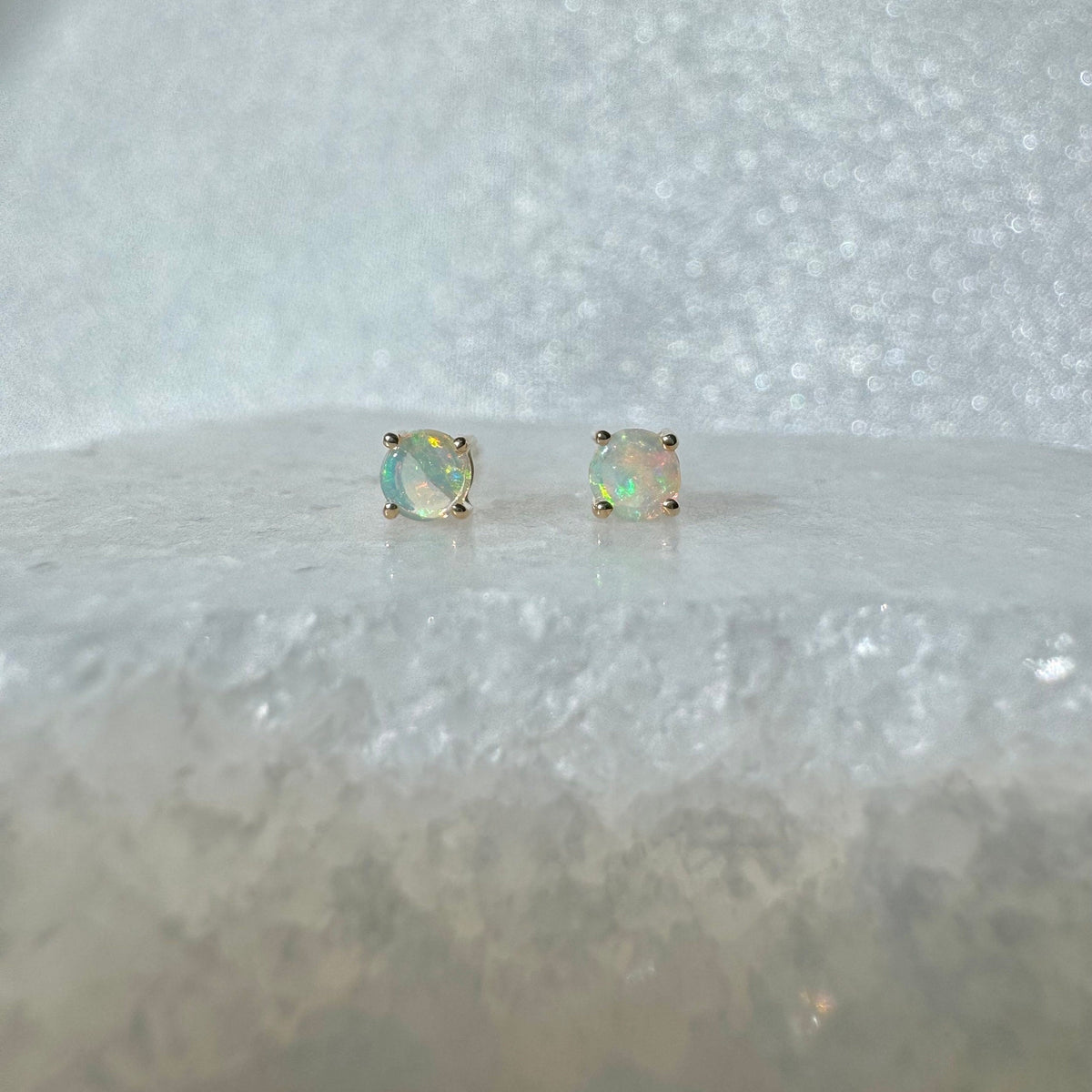 Genuine Opal 3 mm Round Cut Solitaire Stud Earrings / 14k Solid Gold