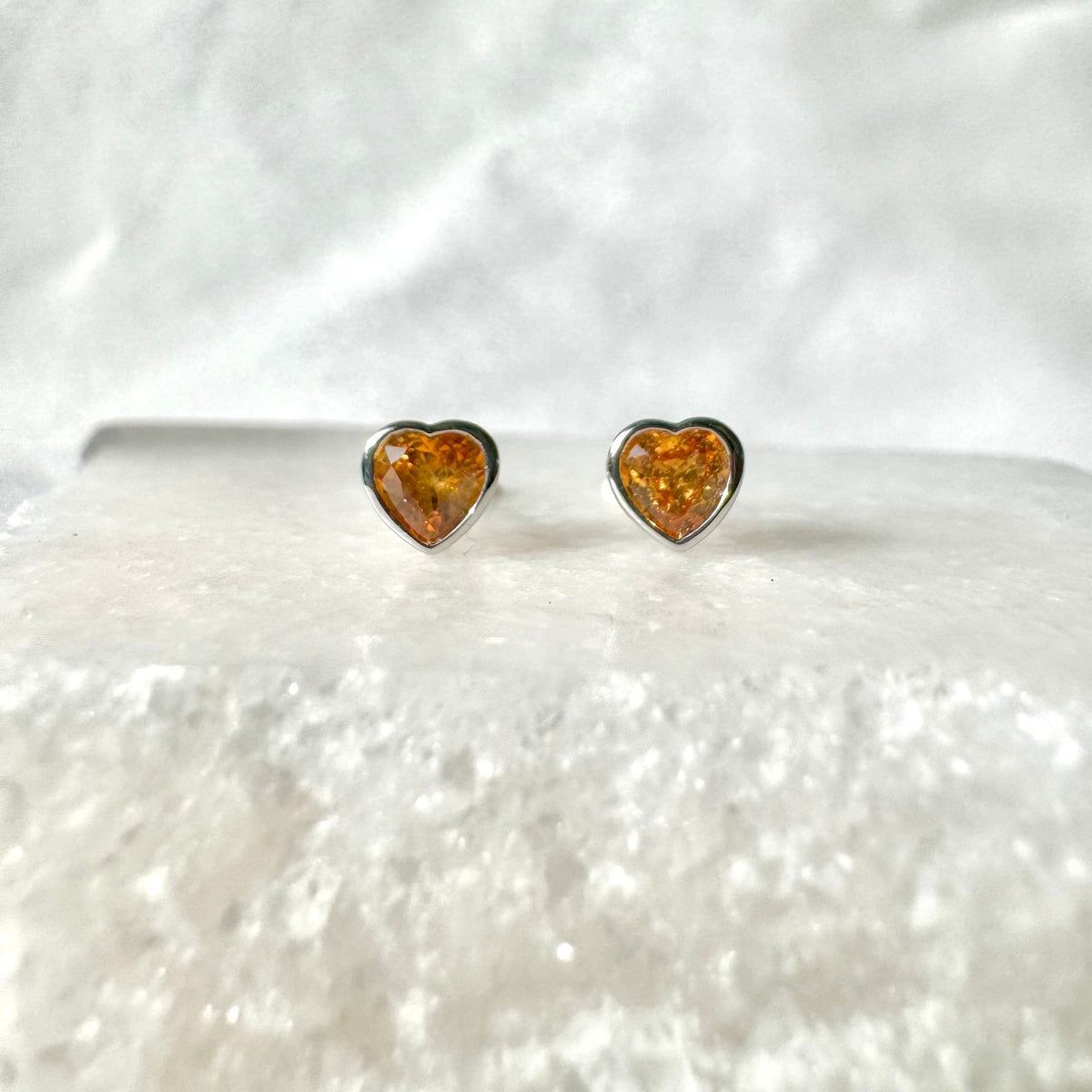 Genuine Orange Sapphire Heart Bezel Stud Earrings in 18k Solid Gold